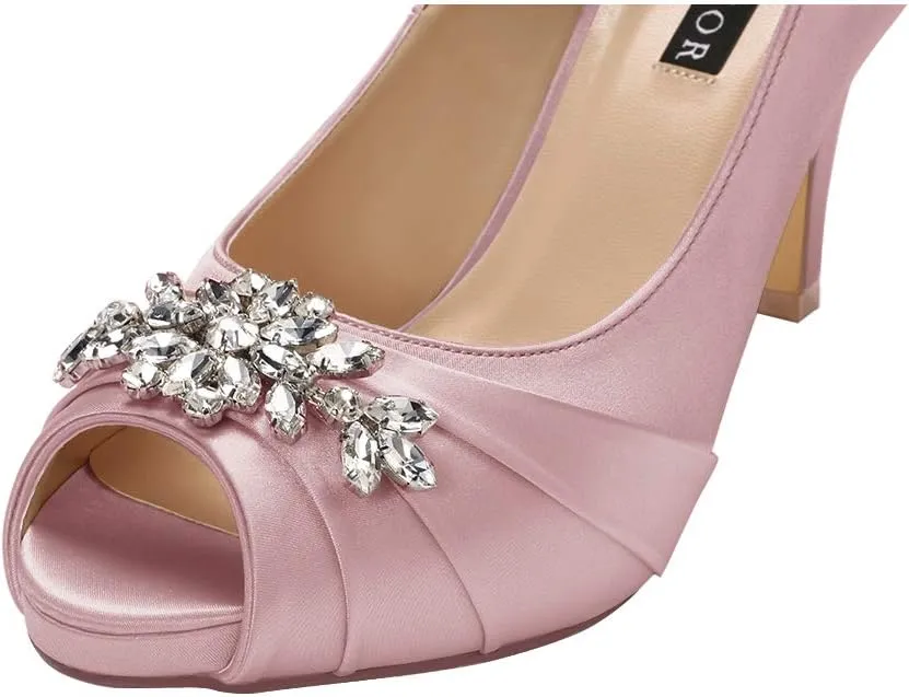 ERIJUNOR Peep Toe Mid Heels for Woman Rhinestones Satin Evening Prom Wedding Shoes