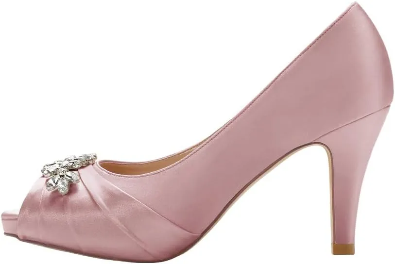 ERIJUNOR Peep Toe Mid Heels for Woman Rhinestones Satin Evening Prom Wedding Shoes