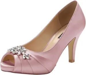 ERIJUNOR Peep Toe Mid Heels for Woman Rhinestones Satin Evening Prom Wedding Shoes