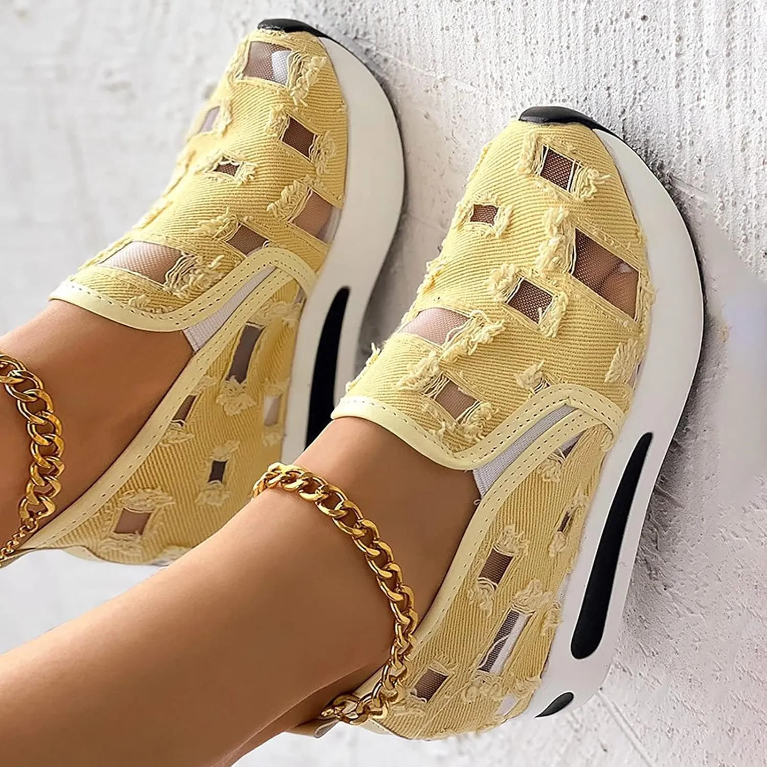 Fashion Sneakers for Women Platform Wedge Sneakers Fashion Embroidery Floral Mesh Air Comfort Chunky Sole Hidden High Heels Slip On Loafers Breathable Walking Work Shoes with Arch Support