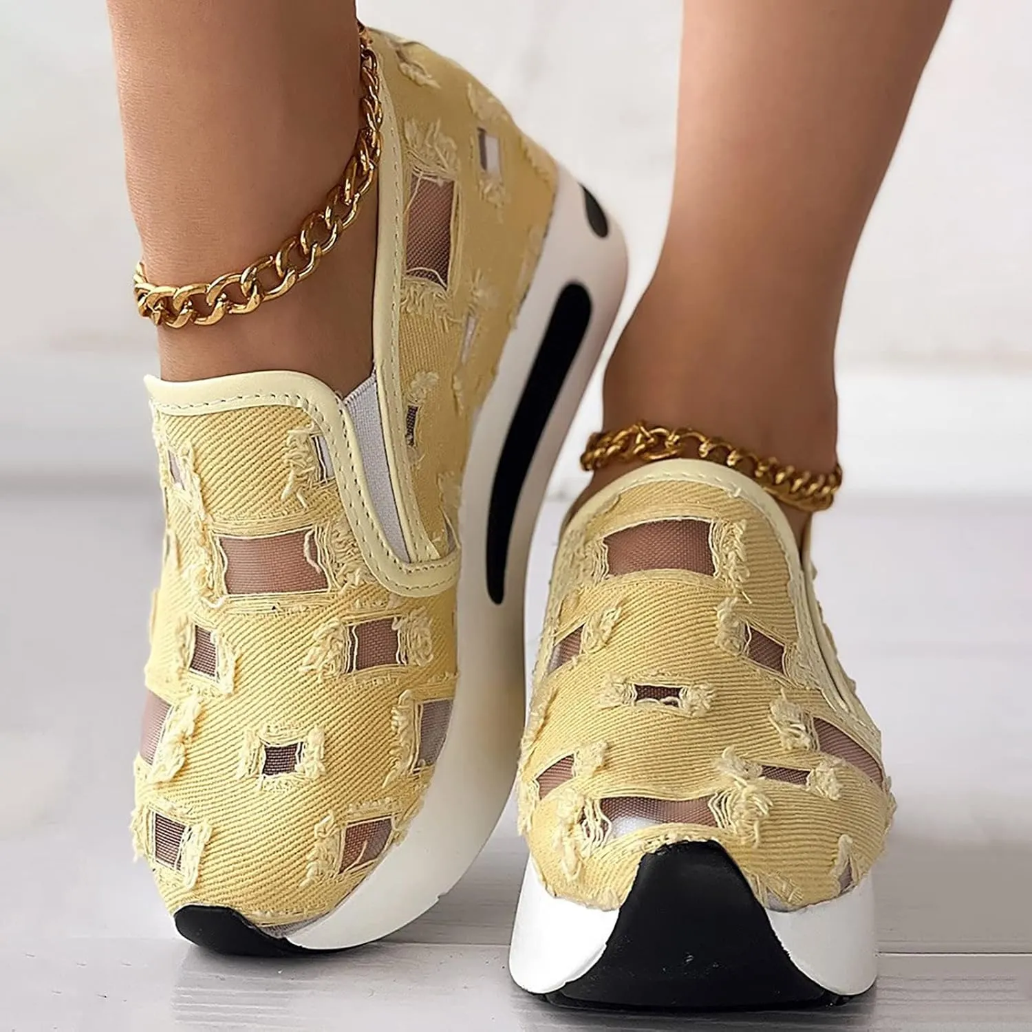 Fashion Sneakers for Women Platform Wedge Sneakers Fashion Embroidery Floral Mesh Air Comfort Chunky Sole Hidden High Heels Slip On Loafers Breathable Walking Work Shoes with Arch Support