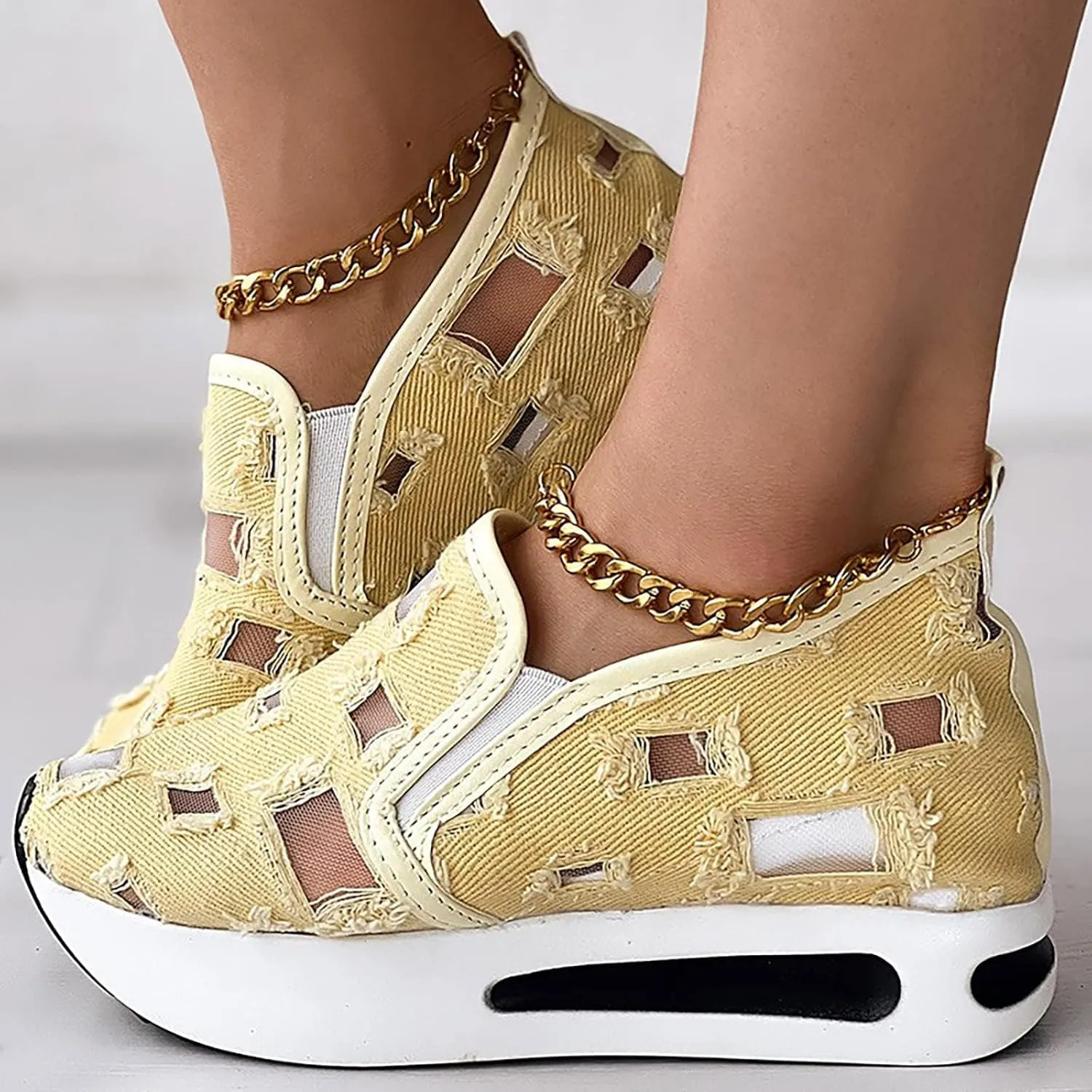 Fashion Sneakers for Women Platform Wedge Sneakers Fashion Embroidery Floral Mesh Air Comfort Chunky Sole Hidden High Heels Slip On Loafers Breathable Walking Work Shoes with Arch Support