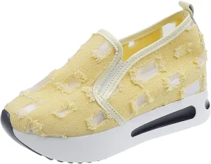 Fashion Sneakers for Women Platform Wedge Sneakers Fashion Embroidery Floral Mesh Air Comfort Chunky Sole Hidden High Heels Slip On Loafers Breathable Walking Work Shoes with Arch Support