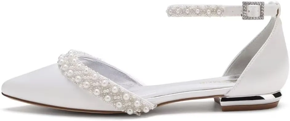 Flat Wedding Shoes for Bride Closed Toe Pearl Bridal Flats Comfortable Wedding Flats