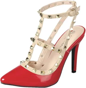 Forever Shoes Women Stiletto High Heels Pointy Toe Studded Pumps Ankle Strap Two Tone Biege Gold Accent STUDS-03