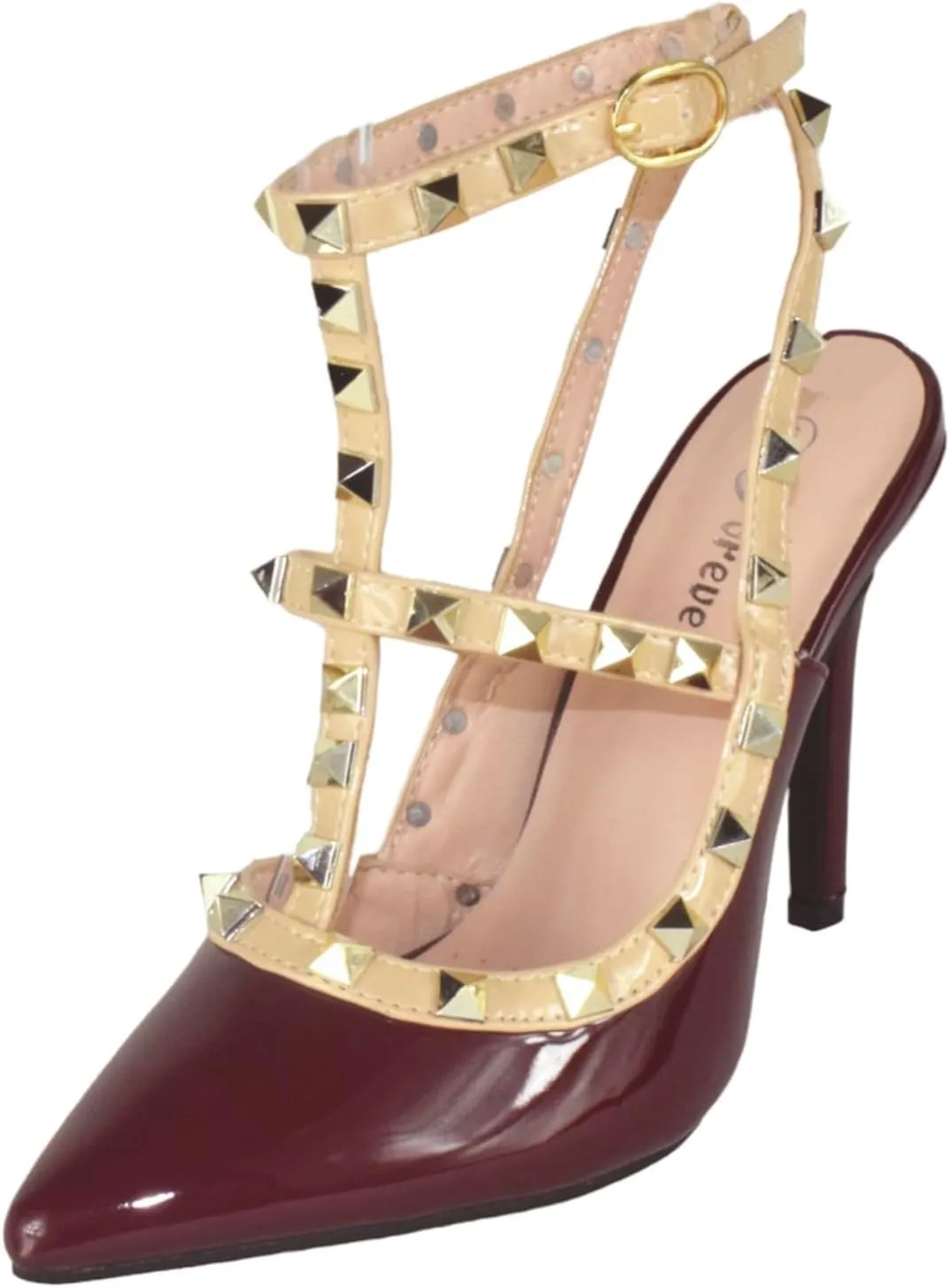 Forever Shoes Women Stiletto High Heels Pointy Toe Studded Pumps Ankle Strap Two Tone Biege Gold Accent STUDS-03