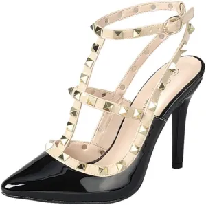 Forever Shoes Women Stiletto High Heels Pointy Toe Studded Pumps Ankle Strap Two Tone Biege Gold Accent STUDS-03