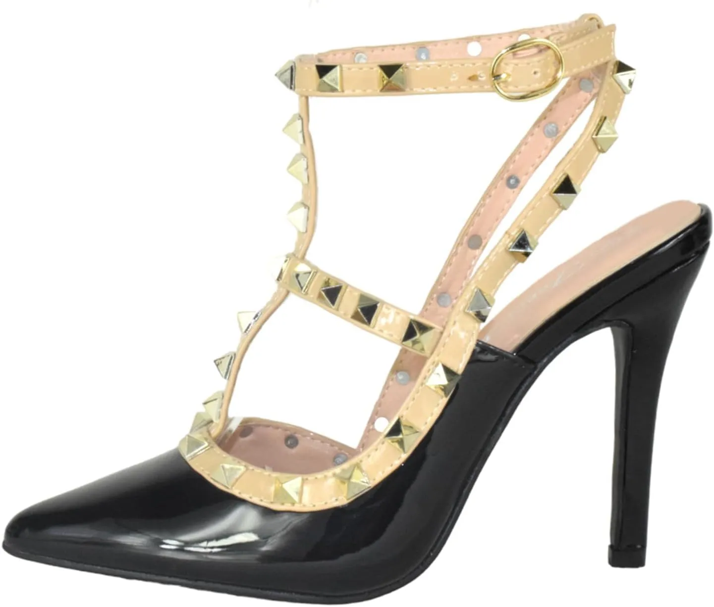 Forever Shoes Women Stiletto High Heels Pointy Toe Studded Pumps Ankle Strap Two Tone Biege Gold Accent STUDS-03