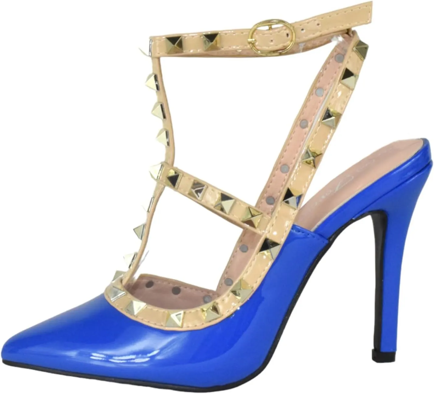 Forever Shoes Women Stiletto High Heels Pointy Toe Studded Pumps Ankle Strap Two Tone Biege Gold Accent STUDS-03