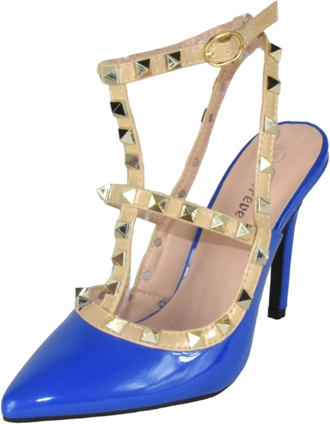 Forever Shoes Women Stiletto High Heels Pointy Toe Studded Pumps Ankle Strap Two Tone Biege Gold Accent STUDS-03