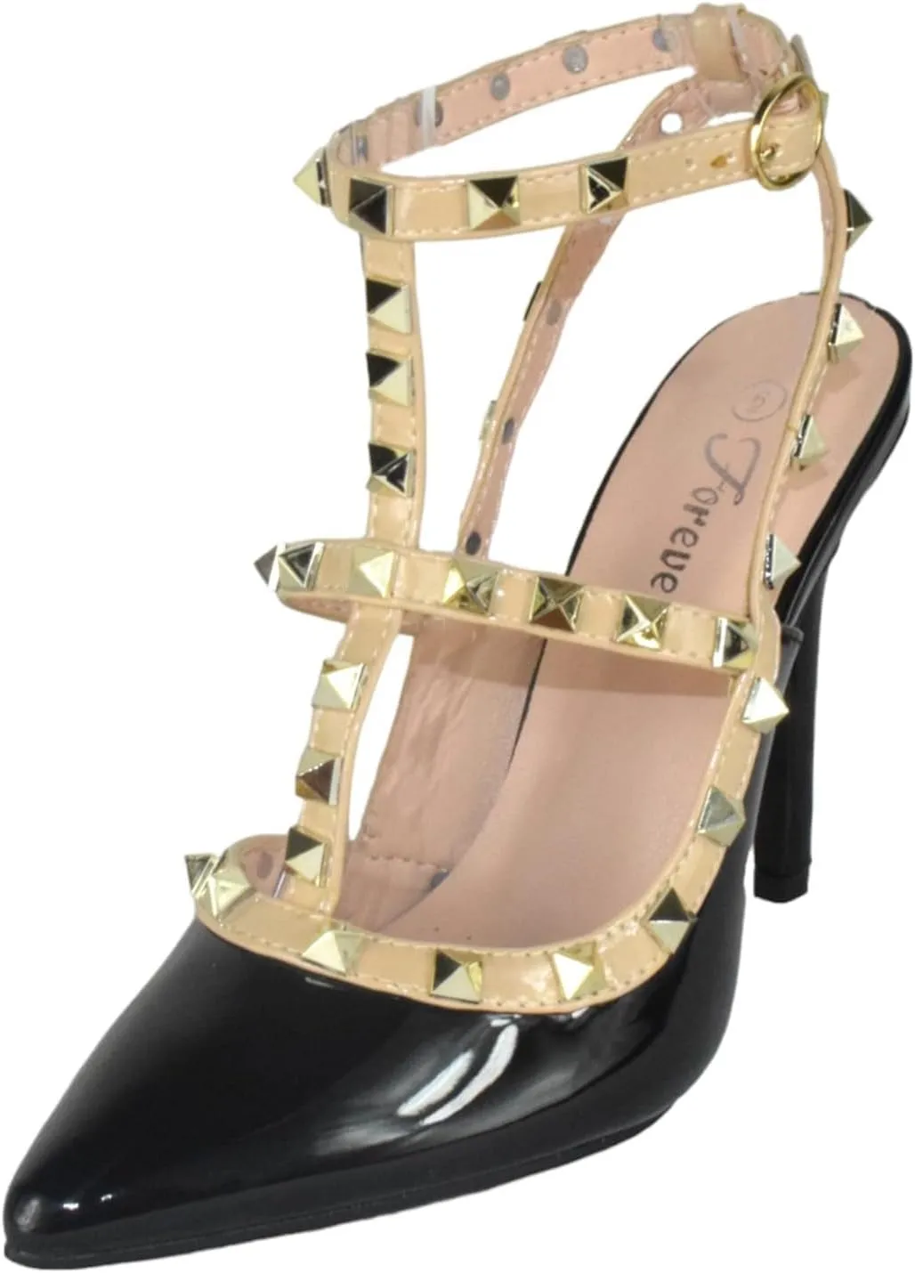Forever Shoes Women Stiletto High Heels Pointy Toe Studded Pumps Ankle Strap Two Tone Biege Gold Accent STUDS-03