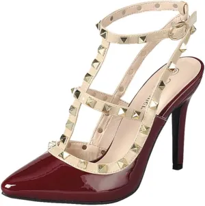 Forever Shoes Women Stiletto High Heels Pointy Toe Studded Pumps Ankle Strap Two Tone Biege Gold Accent STUDS-03