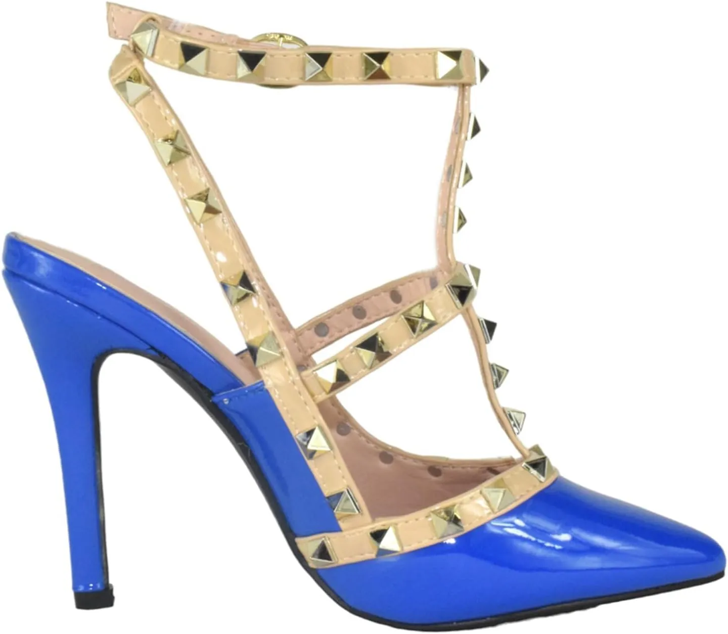 Forever Shoes Women Stiletto High Heels Pointy Toe Studded Pumps Ankle Strap Two Tone Biege Gold Accent STUDS-03