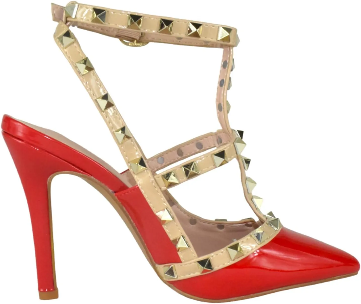 Forever Shoes Women Stiletto High Heels Pointy Toe Studded Pumps Ankle Strap Two Tone Biege Gold Accent STUDS-03
