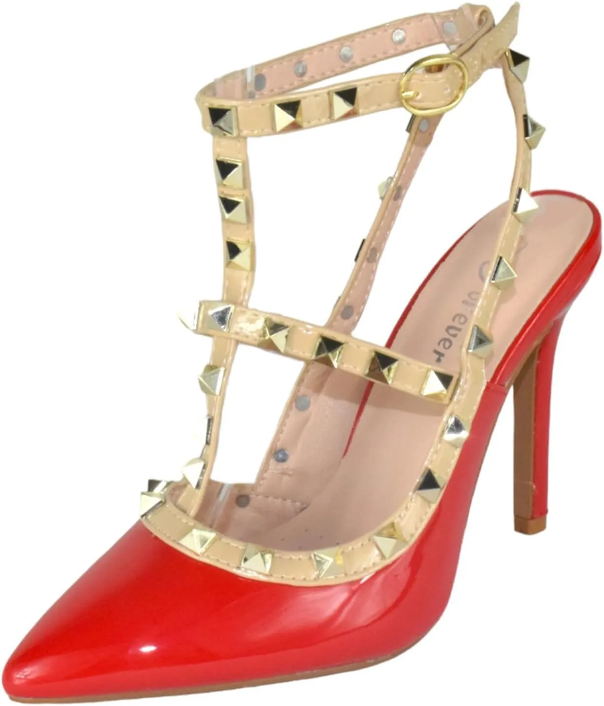 Forever Shoes Women Stiletto High Heels Pointy Toe Studded Pumps Ankle Strap Two Tone Biege Gold Accent STUDS-03