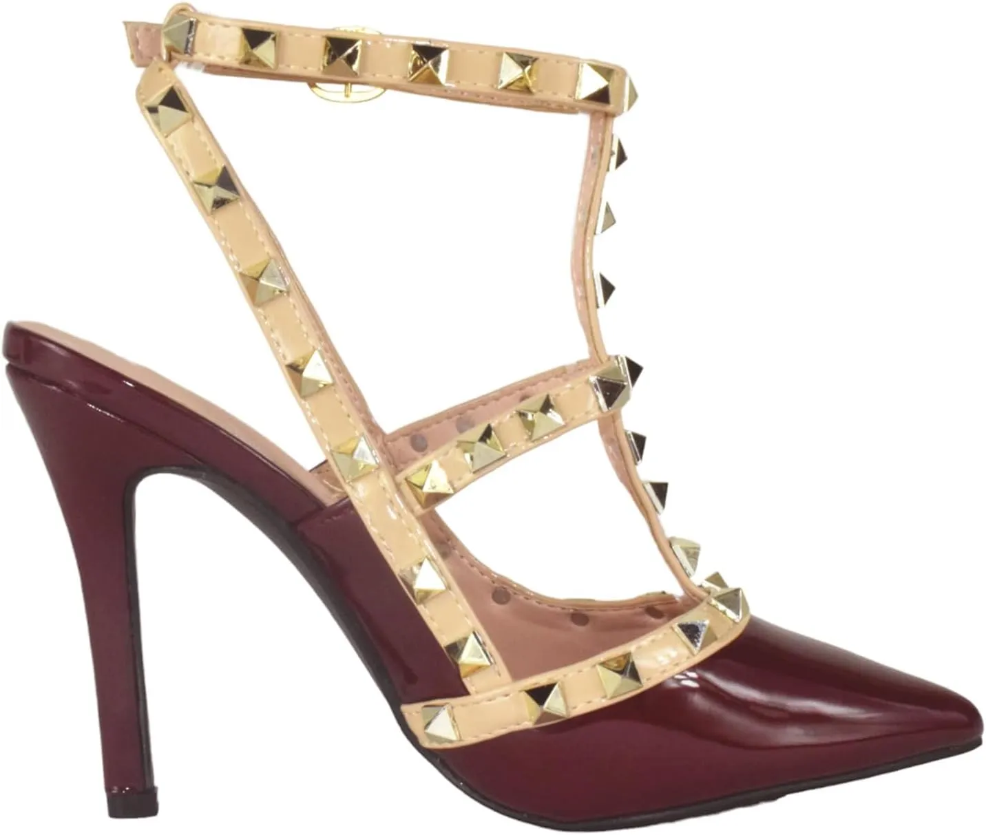 Forever Shoes Women Stiletto High Heels Pointy Toe Studded Pumps Ankle Strap Two Tone Biege Gold Accent STUDS-03