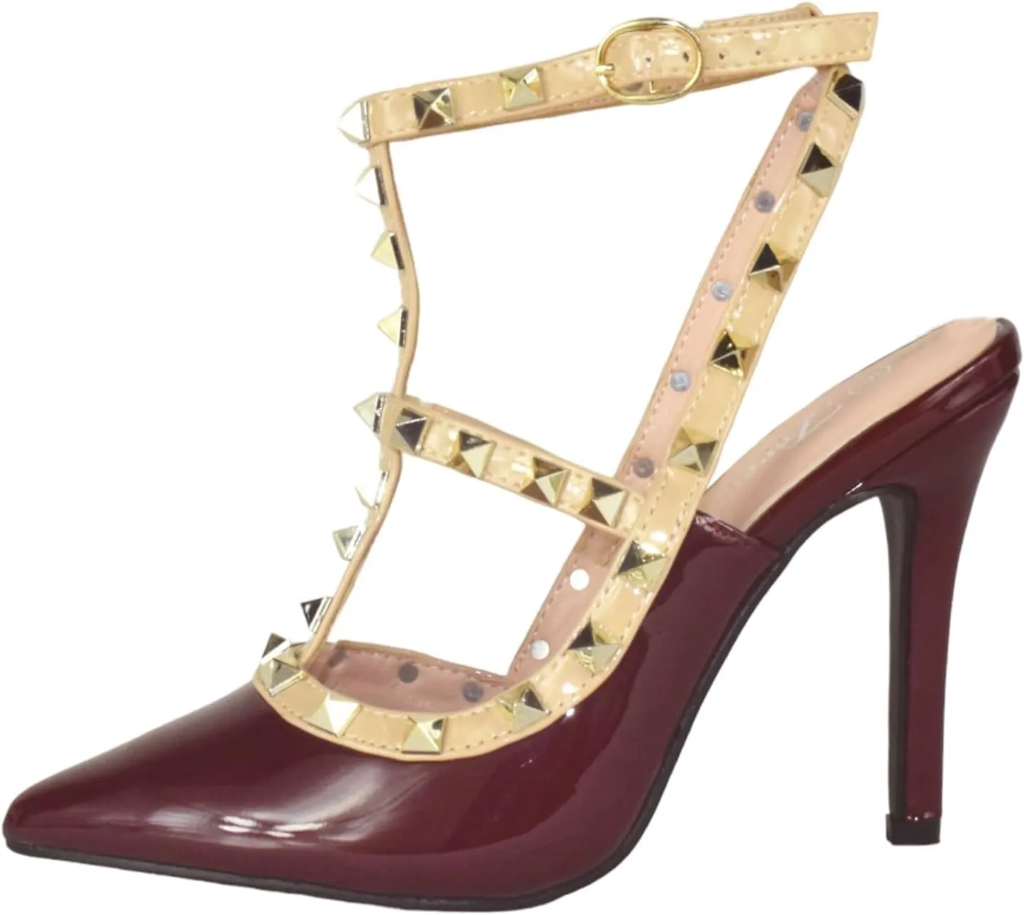Forever Shoes Women Stiletto High Heels Pointy Toe Studded Pumps Ankle Strap Two Tone Biege Gold Accent STUDS-03