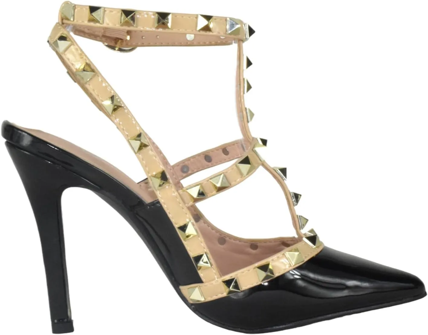 Forever Shoes Women Stiletto High Heels Pointy Toe Studded Pumps Ankle Strap Two Tone Biege Gold Accent STUDS-03