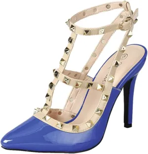 Forever Shoes Women Stiletto High Heels Pointy Toe Studded Pumps Ankle Strap Two Tone Biege Gold Accent STUDS-03