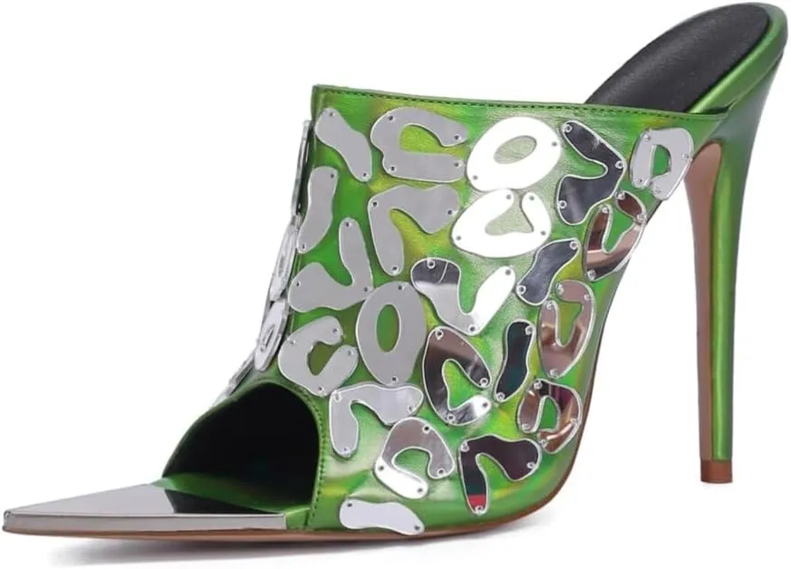 Frankie Hsu Stiletto Mirror Acrylic High Heeled Mules Sandal, Kitten Laser Green High Heels Women Spike Shoes, Designer Pointed Toe Silver Metal Tip Sandal For Women