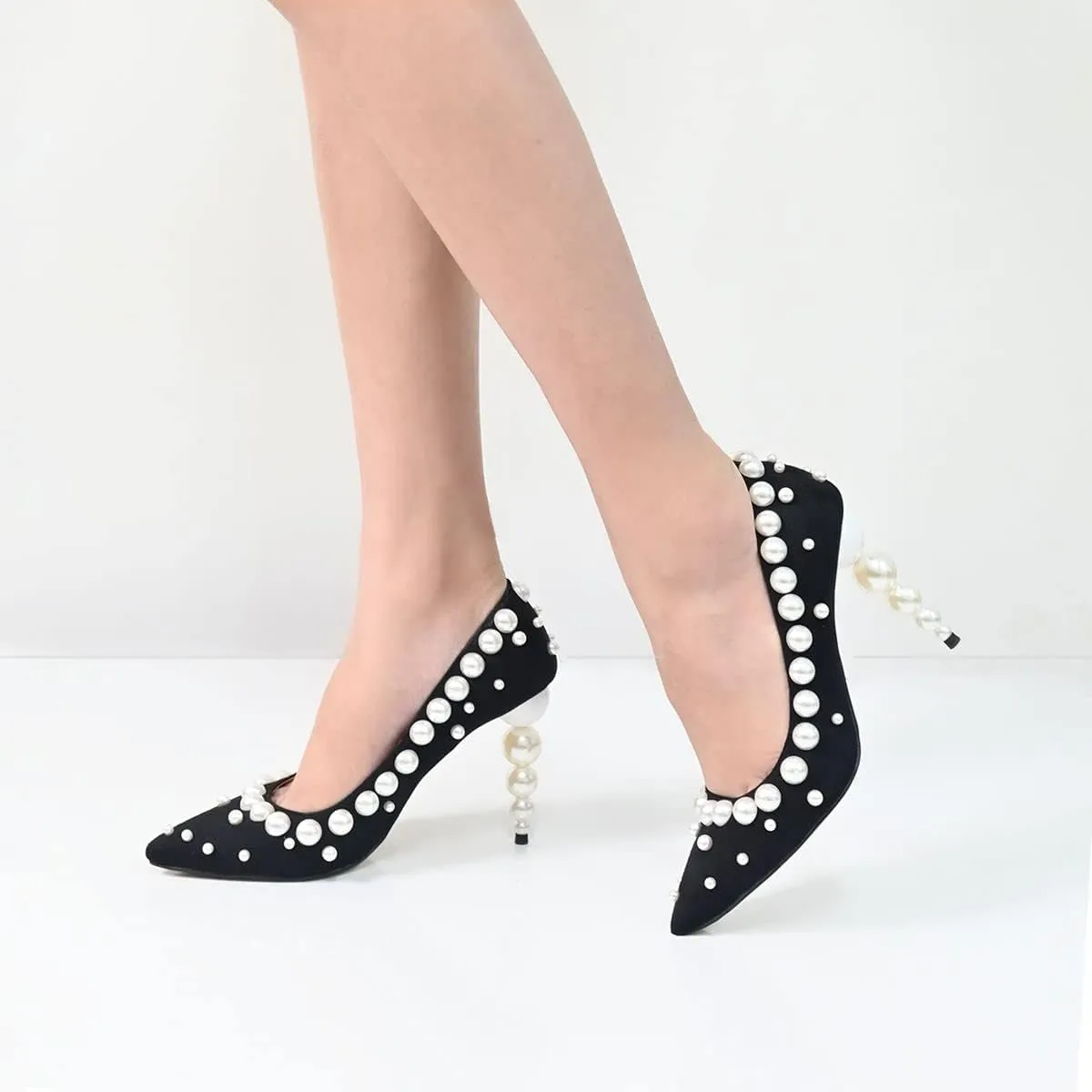 FSJ Slip On Pearls Beaded High Heels Slip On Pumps Pointed Toe Mirror Effect Shiny Party Dress Club Shoes for Women Pearls 4-15 US