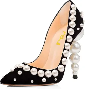FSJ Slip On Pearls Beaded High Heels Slip On Pumps Pointed Toe Mirror Effect Shiny Party Dress Club Shoes for Women Pearls 4-15 US