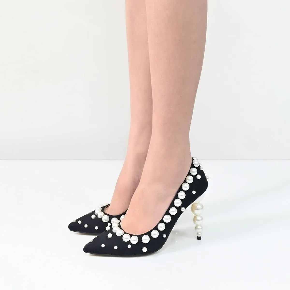 FSJ Slip On Pearls Beaded High Heels Slip On Pumps Pointed Toe Mirror Effect Shiny Party Dress Club Shoes for Women Pearls 4-15 US
