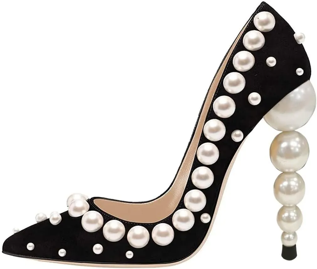FSJ Slip On Pearls Beaded High Heels Slip On Pumps Pointed Toe Mirror Effect Shiny Party Dress Club Shoes for Women Pearls 4-15 US