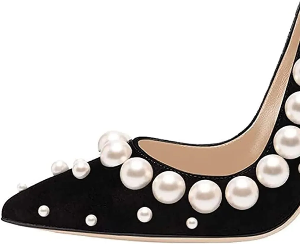 FSJ Slip On Pearls Beaded High Heels Slip On Pumps Pointed Toe Mirror Effect Shiny Party Dress Club Shoes for Women Pearls 4-15 US