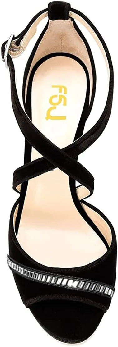 FSJ Women Elegant Peep Toe Sandals Chunky High Heel Pumps Cross Strap Velvet Suede Dress Pumps Size 4-15 US