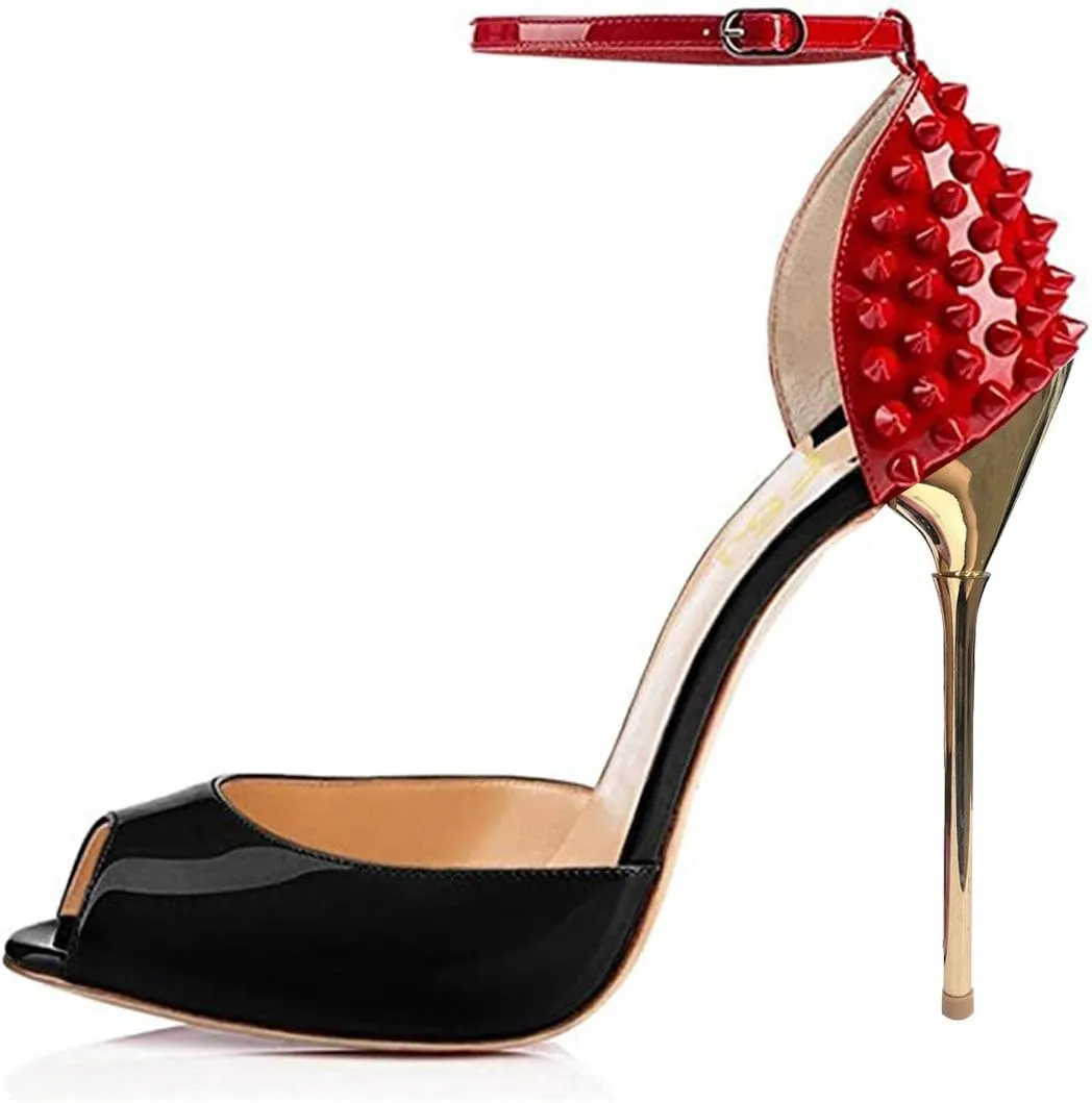 FSJ Women Spikes Rivets Peep Toe Sandals Stiletto High Heels Ankle Strap Studded D'Orsay Pumps Shoes