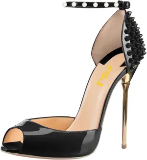 FSJ Women Spikes Rivets Peep Toe Sandals Stiletto High Heels Ankle Strap Studded D'Orsay Pumps Shoes