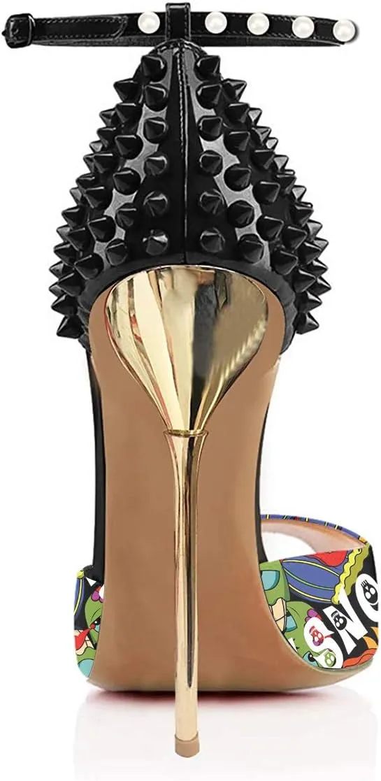 FSJ Women Spikes Rivets Peep Toe Sandals Stiletto High Heels Ankle Strap Studded D'Orsay Pumps Shoes