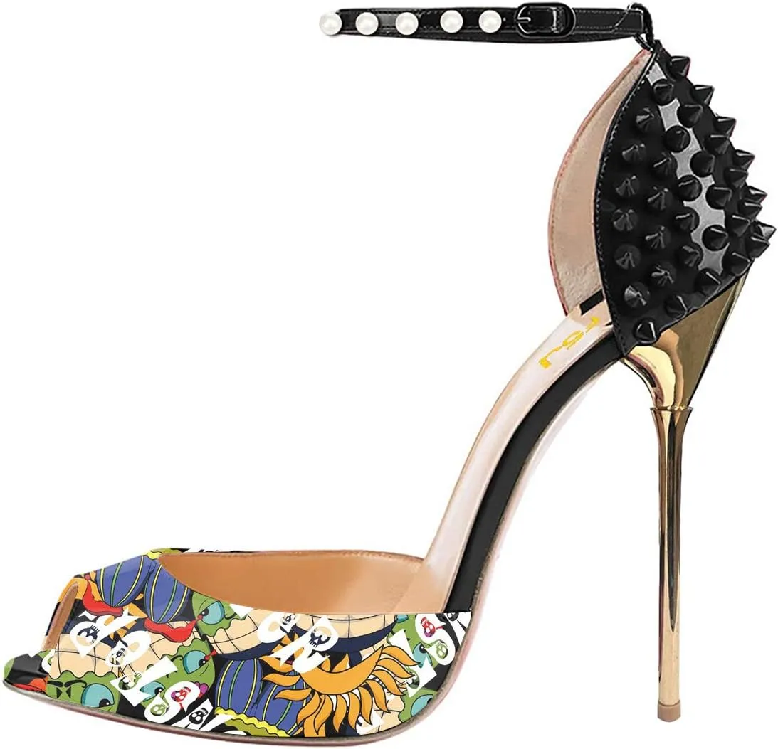 FSJ Women Spikes Rivets Peep Toe Sandals Stiletto High Heels Ankle Strap Studded D'Orsay Pumps Shoes