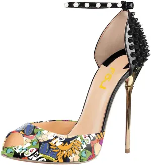 FSJ Women Spikes Rivets Peep Toe Sandals Stiletto High Heels Ankle Strap Studded D'Orsay Pumps Shoes