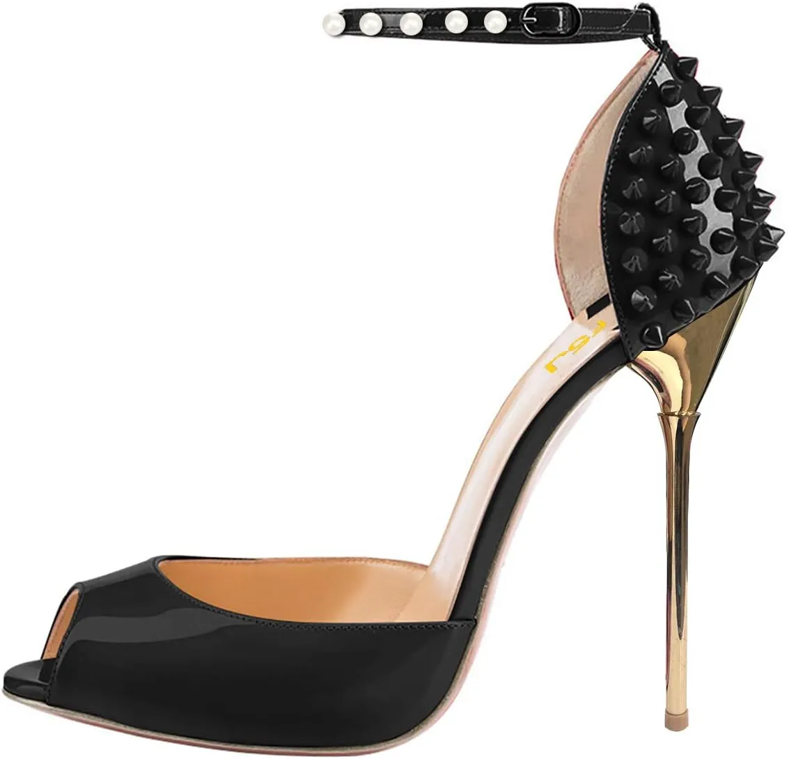 FSJ Women Spikes Rivets Peep Toe Sandals Stiletto High Heels Ankle Strap Studded D'Orsay Pumps Shoes