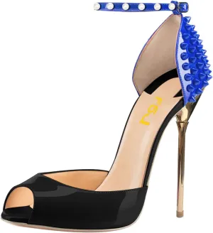 FSJ Women Spikes Rivets Peep Toe Sandals Stiletto High Heels Ankle Strap Studded D'Orsay Pumps Shoes