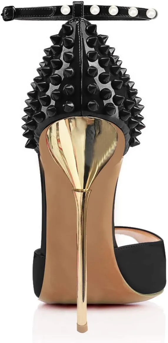 FSJ Women Spikes Rivets Peep Toe Sandals Stiletto High Heels Ankle Strap Studded D'Orsay Pumps Shoes