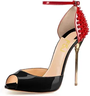 FSJ Women Spikes Rivets Peep Toe Sandals Stiletto High Heels Ankle Strap Studded D'Orsay Pumps Shoes