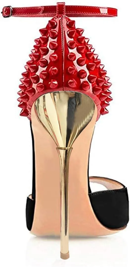 FSJ Women Spikes Rivets Peep Toe Sandals Stiletto High Heels Ankle Strap Studded D'Orsay Pumps Shoes