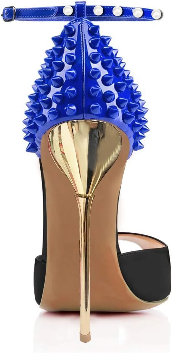 FSJ Women Spikes Rivets Peep Toe Sandals Stiletto High Heels Ankle Strap Studded D'Orsay Pumps Shoes