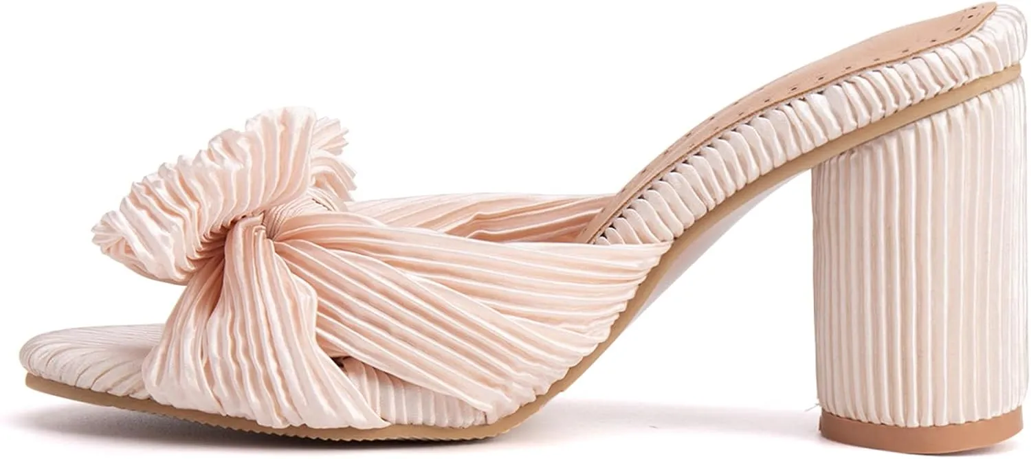 Gicoiz Pleated Bow Sandals Women Peep Toe Wedding Shoes