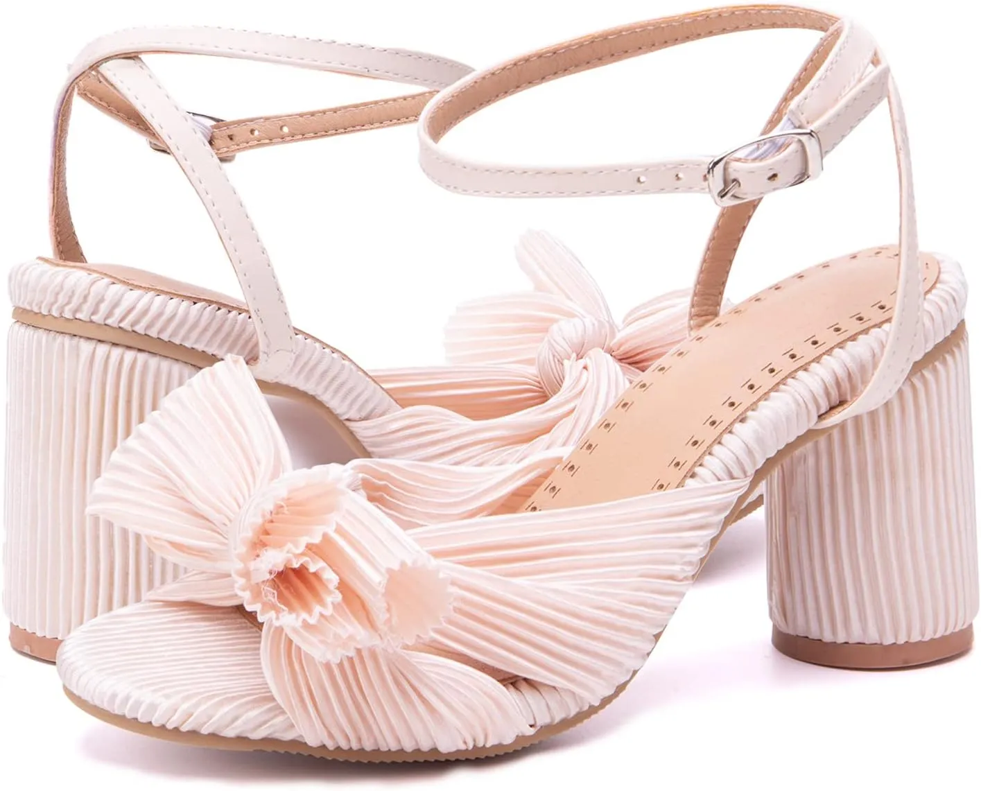 Gicoiz Pleated Bow Sandals Women Peep Toe Wedding Shoes