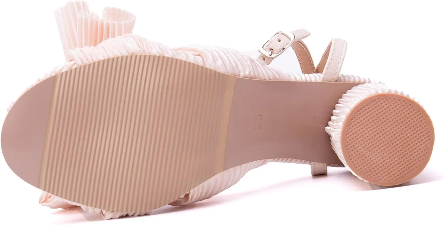 Gicoiz Pleated Bow Sandals Women Peep Toe Wedding Shoes