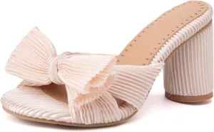 Gicoiz Pleated Bow Sandals Women Peep Toe Wedding Shoes