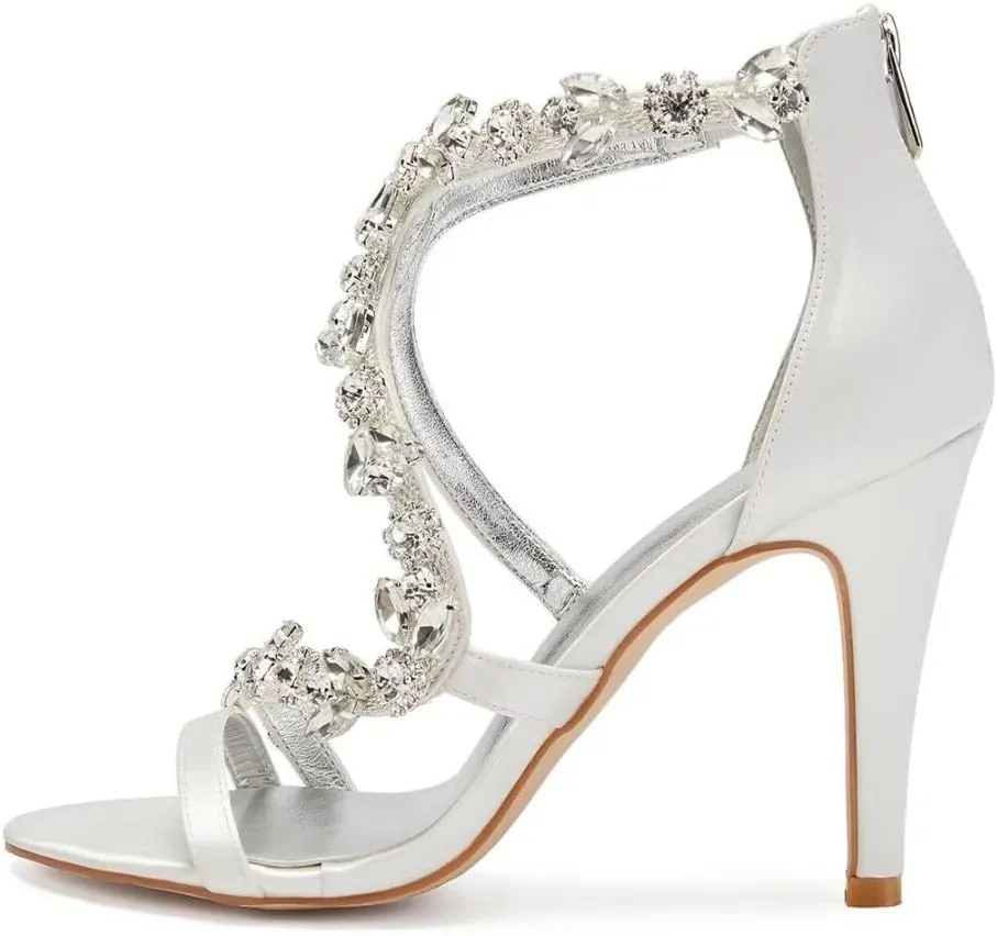 High Heel Wedding Shoes for Bride Open Toe Rhinestones Bridal Heeled Sandals Wedding High Heels
