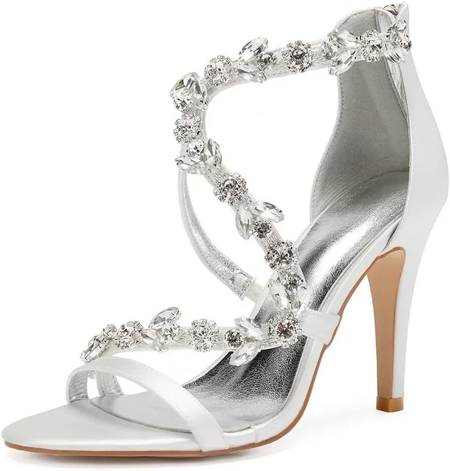 High Heel Wedding Shoes for Bride Open Toe Rhinestones Bridal Heeled Sandals Wedding High Heels
