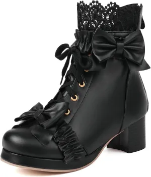 KiutSymo Women's Kawaii Lolita Boots - Chunky Heel, Ankle Boots with Bow, Lace Up, Platform, Mary Janes - Cosplay, Winter Shoes - Black