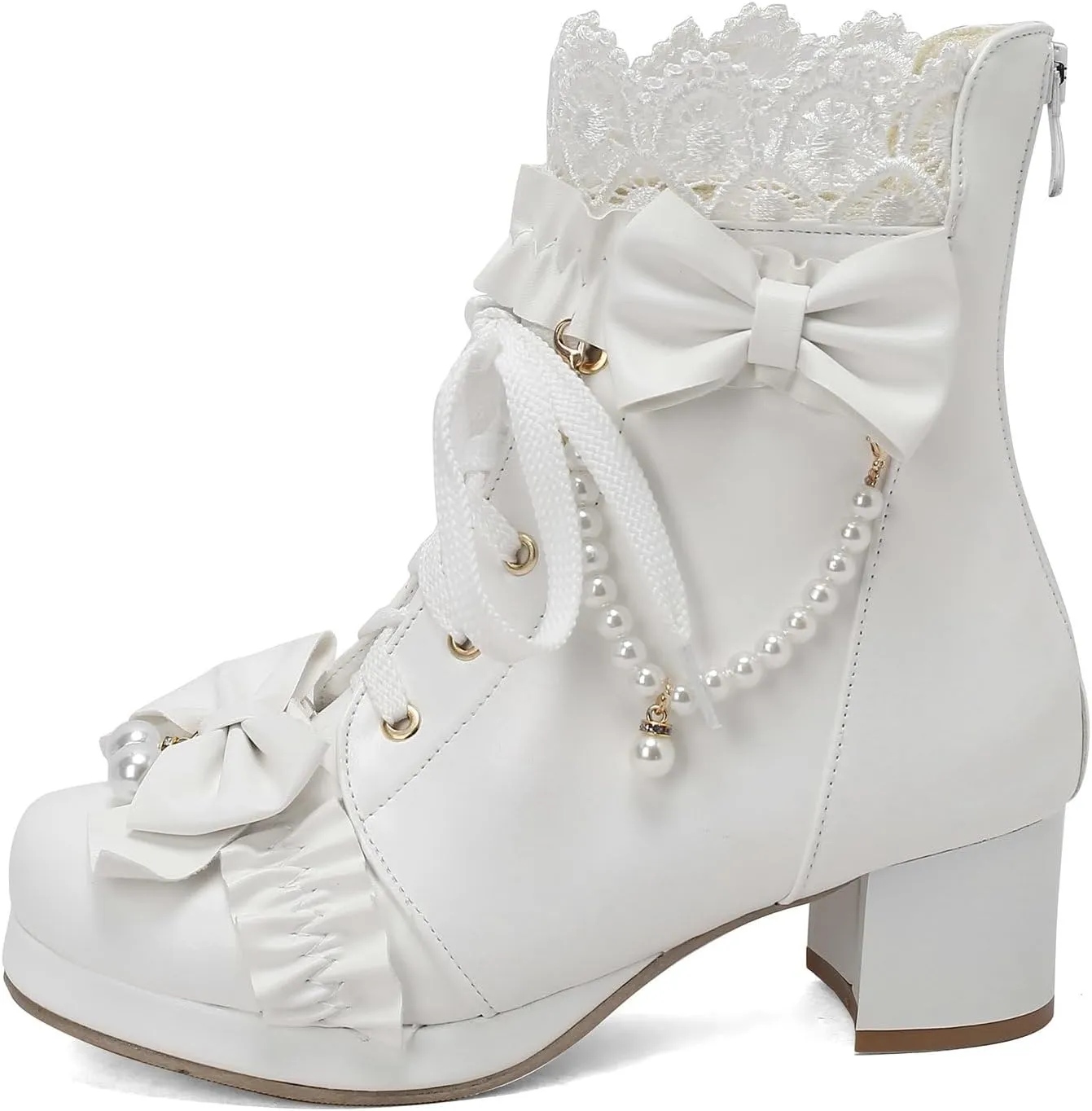 KiutSymo Women's Kawaii Lolita Boots - Chunky Heel, Ankle Boots with Bow, Lace Up, Platform, Mary Janes - Cosplay, Winter Shoes - Black