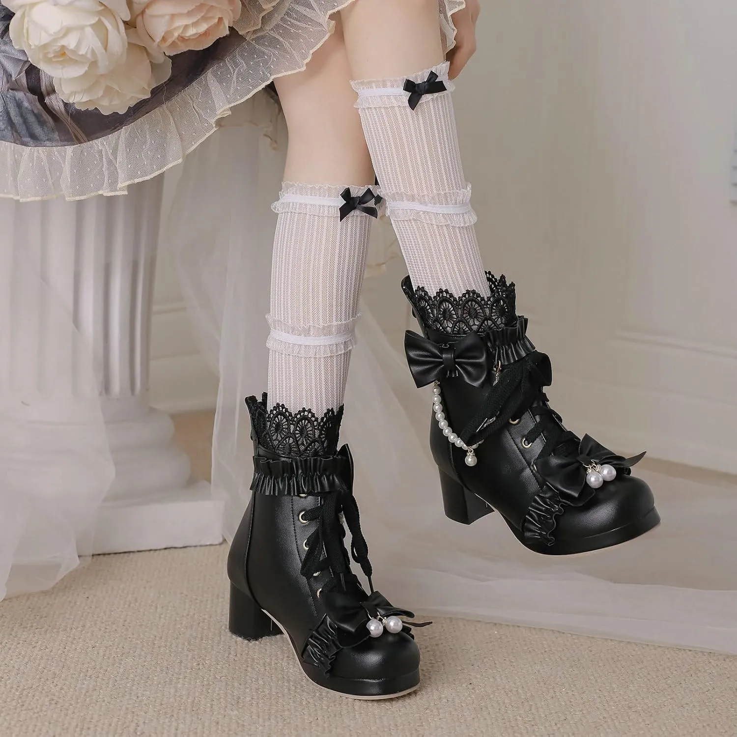 KiutSymo Women's Kawaii Lolita Boots - Chunky Heel, Ankle Boots with Bow, Lace Up, Platform, Mary Janes - Cosplay, Winter Shoes - Black